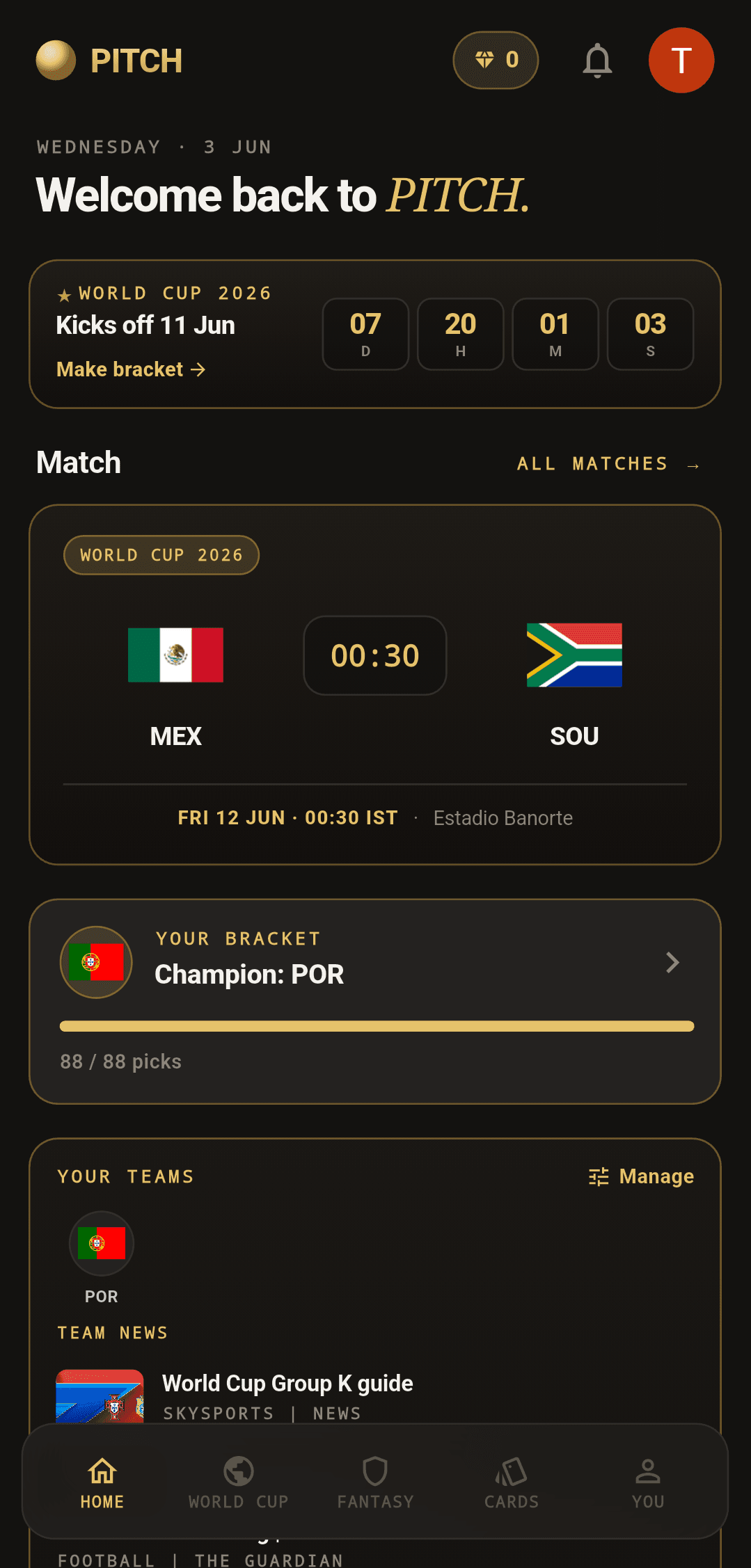FootballMojo home screen with live World Cup scores